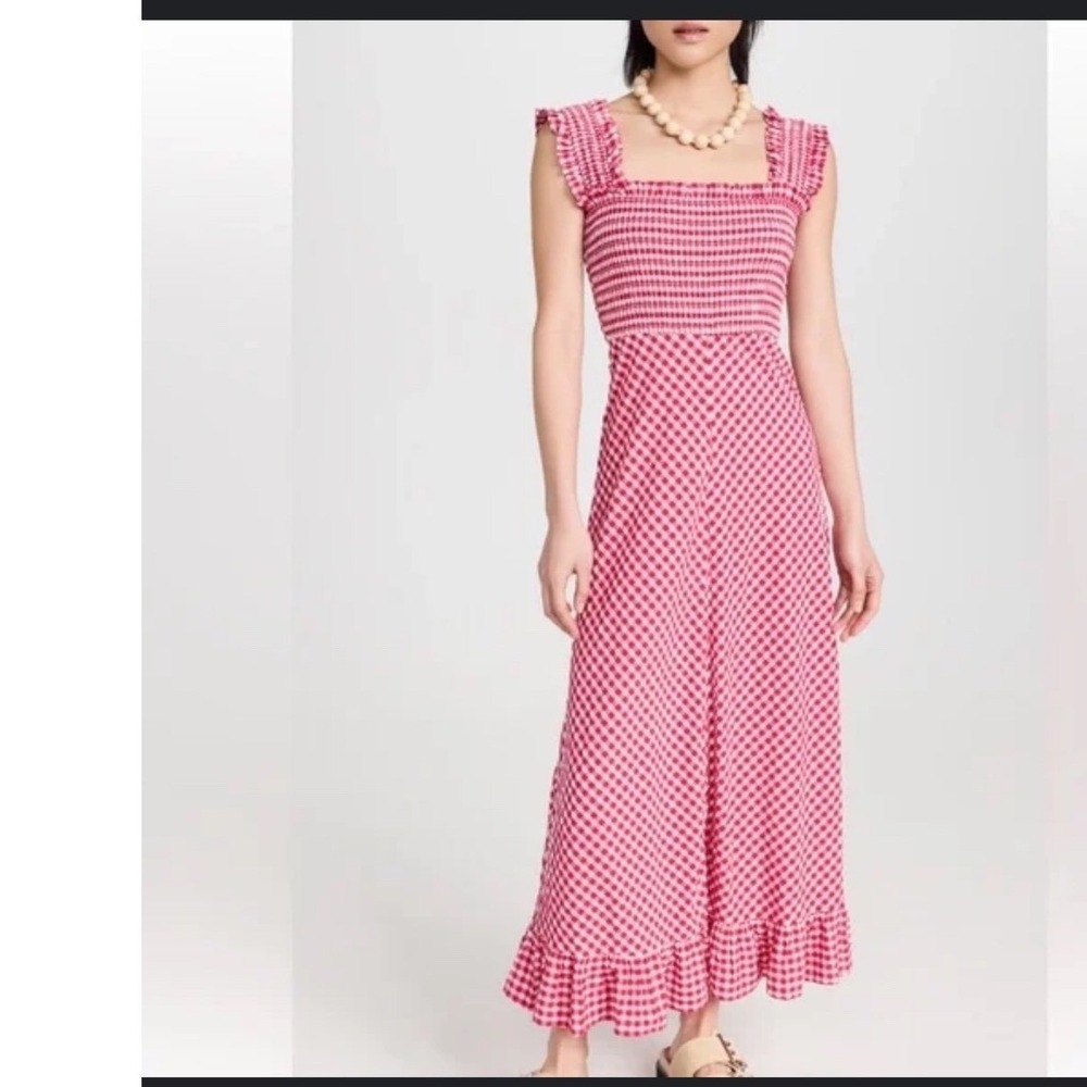 GANNI Womens Red Gingham Seersucker Smocked Ruffle Maxi Dress Size 44-14 Cottage